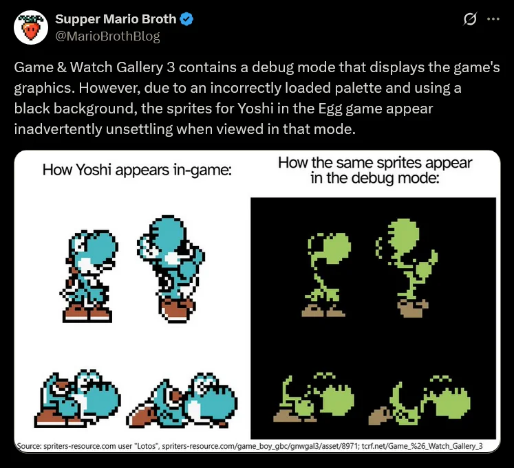 Supper Mario Broth tweet comparing normal Yoshi sprites to glitched debug-mode Yoshi sprites