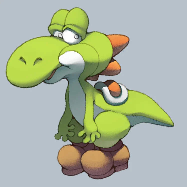 Fan art of a strangely proportioned hunched green Yoshi on a gray background