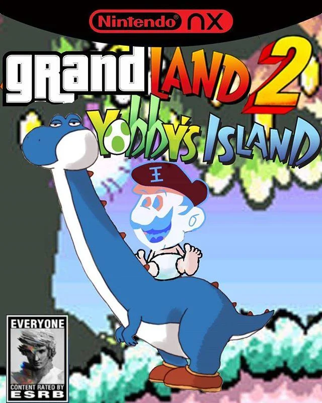 Fake Nintendo NX video game cover titled Grand Land 2 Yobby's Island featuring a long-necked blue Yoshi