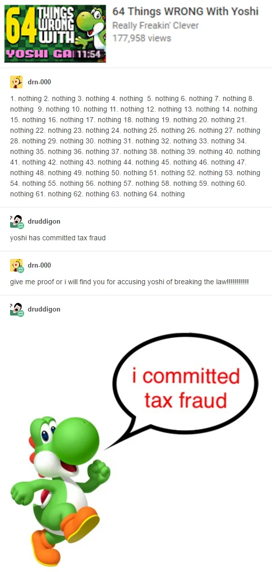Forum comment thread joking that Yoshi committed tax fraud, with Yoshi image saying so in a speech bubble