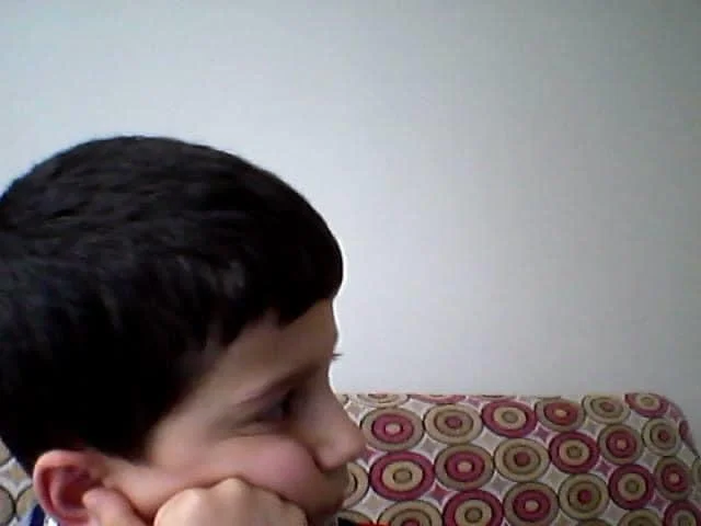 Side profile webcam photo of the Yotube boy resting chin on hand while seated on the patterned couch