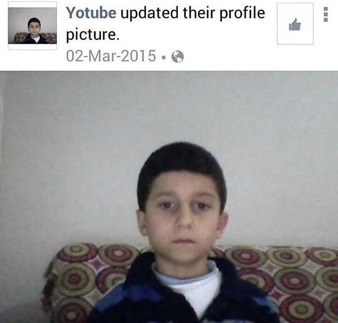 Facebook screenshot showing user Yotube updating profile picture to the boy's blank webcam photo on March 2 2015