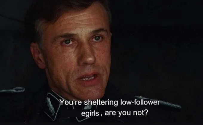 You Are Sheltering Enemies of the State, Are You Not? — Hans Landa meme with altered subtitle about sheltering low-follower egirls