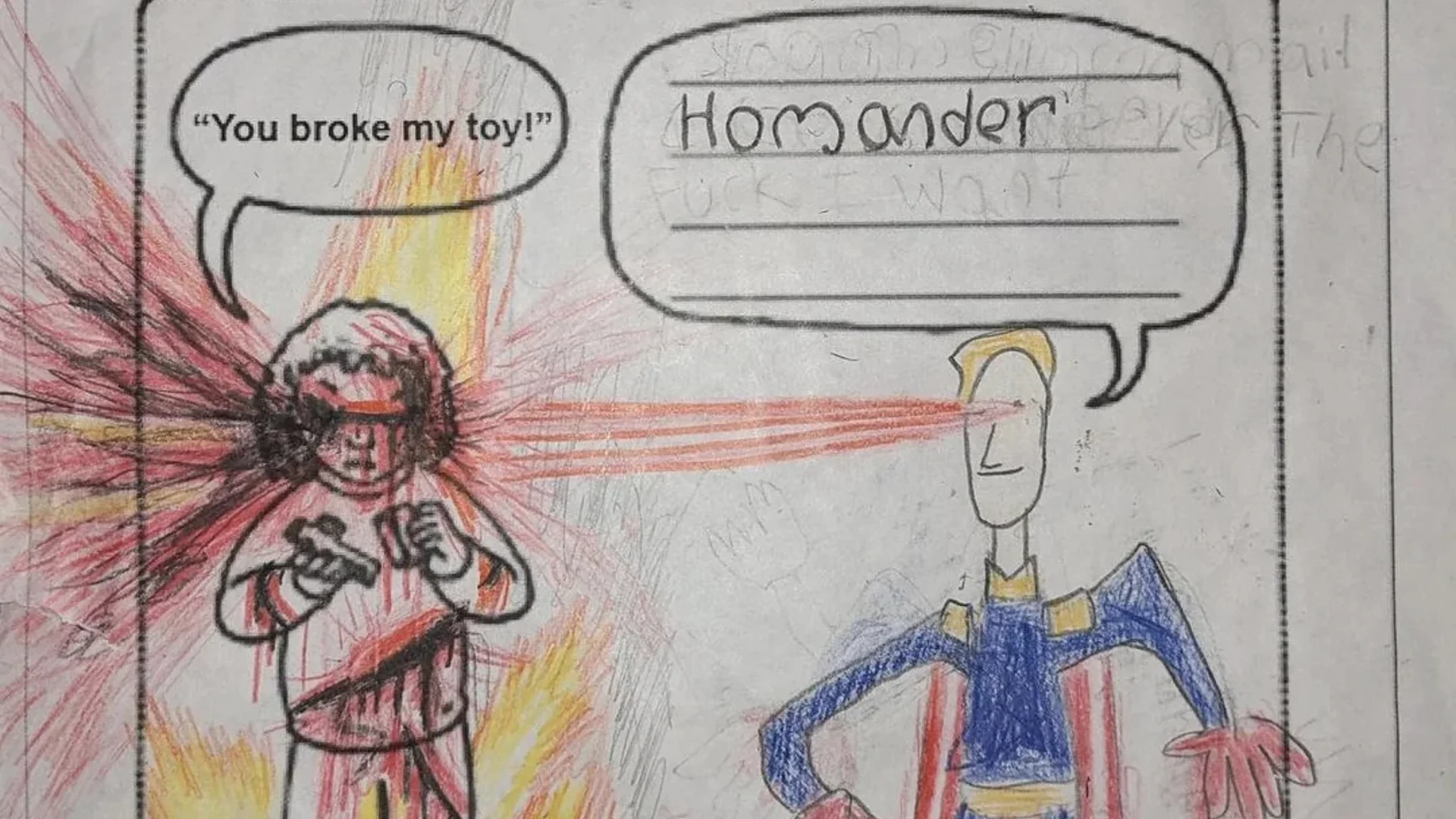 You Broke My Toy — Child's worksheet drawing of a crying kid with laser eyes facing a Homelander parody labeled 'Homander' with laser eyes.