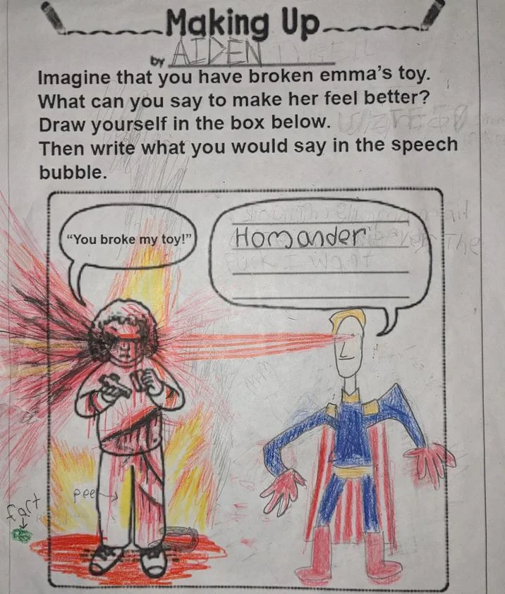 You Broke My Toy — Aiden's full 'Making Up' worksheet featuring the Homander character with laser eyes confronting a crying child.