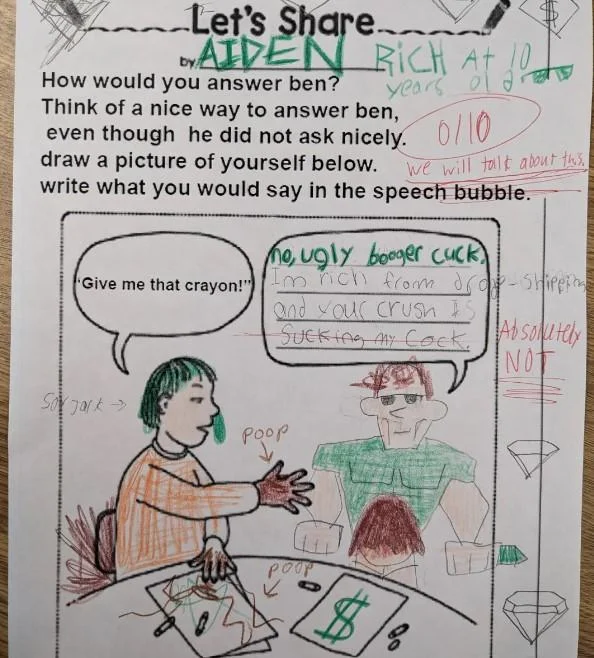 You Broke My Toy — Aiden's 'Let's Share' worksheet with crude insults in response to a request for a crayon, graded 0/10.