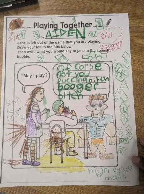 You Broke My Toy — Aiden's 'Playing Together' worksheet refusing a girl's request to play with crude insults, graded 0/10 Unacceptable.