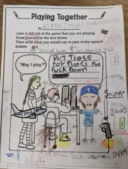 You Broke My Toy — Aiden's worksheet depicting a sniper threatening a girl with a toy airplane, scored 0/10.