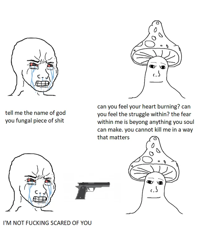 You Cannot Kill Me In A Way That Matters — Four-panel comic showing confrontation narrative between human and mushroom character.