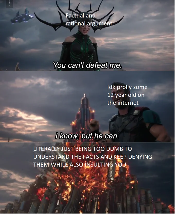You Can't Defeat Me — Three-panel Hela and Thor meme about factual arguments being defeated by online ignorance
