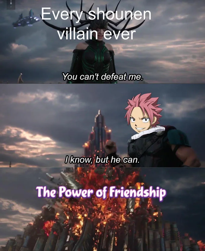 You Can't Defeat Me — Three-panel Hela and Thor meme labeled Every shounen villain ever, with The Power of Friendship as the finisher
