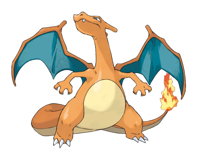 YOU DON'T HAVE ENOUGH BADGES TO TRAIN ME! — Charizard, the orange fire-breathing Pokémon with blue wings, on a white background