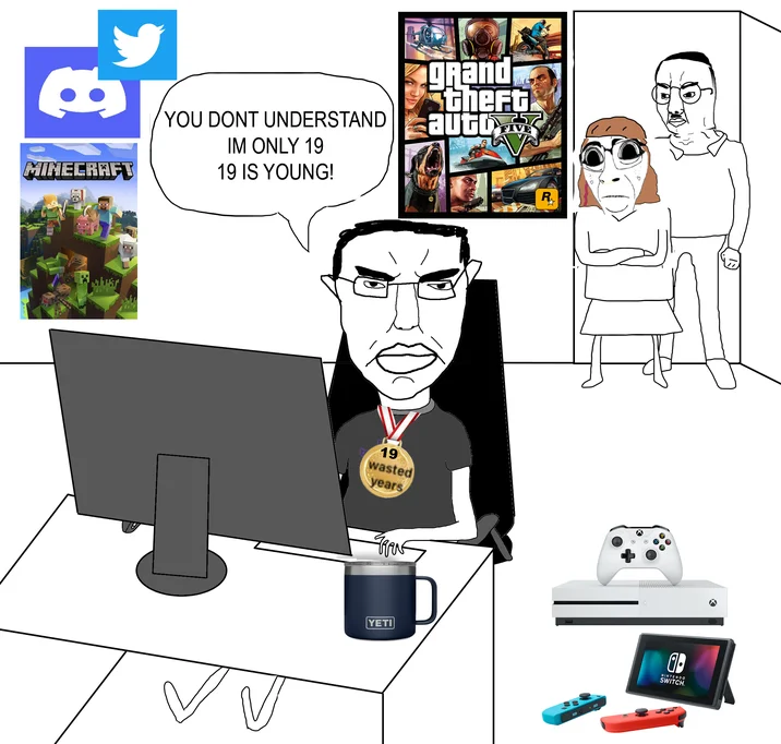You Don't Understand I'm Only 29, 29 Is Young! — Soyjak variant with 19 wasted years medal claiming 19 is young with Minecraft and GTA V