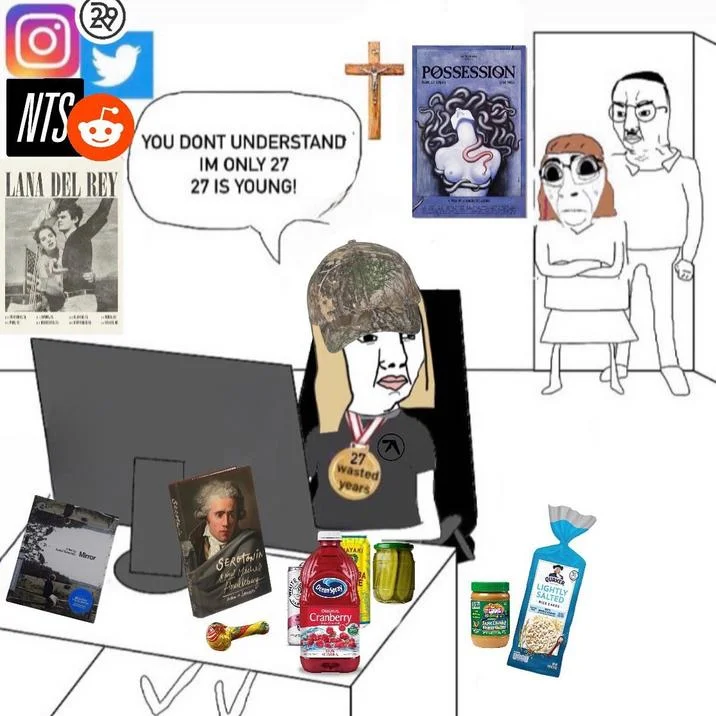 You Don't Understand I'm Only 29, 29 Is Young! — Hipster Soyjak variant with 27 wasted years medal surrounded by Lana Del Rey and indie culture items