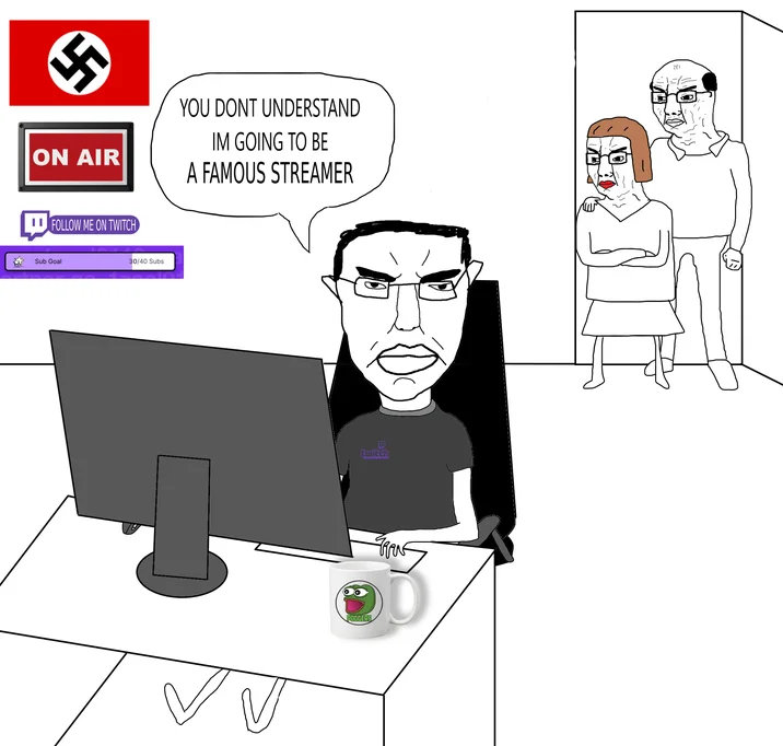 You Don't Understand I'm Only 29, 29 Is Young! — Soyjak variant claiming he will become a famous Twitch streamer while parents watch