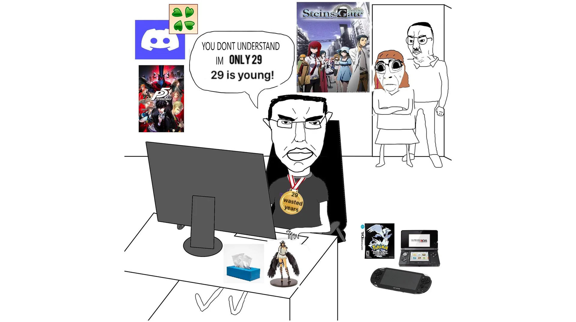 You Don't Understand I'm Only 29, 29 Is Young! — Angry wojak at desk with '29 wasted years' medal declaring '29 is young!' surrounded by anime and gaming