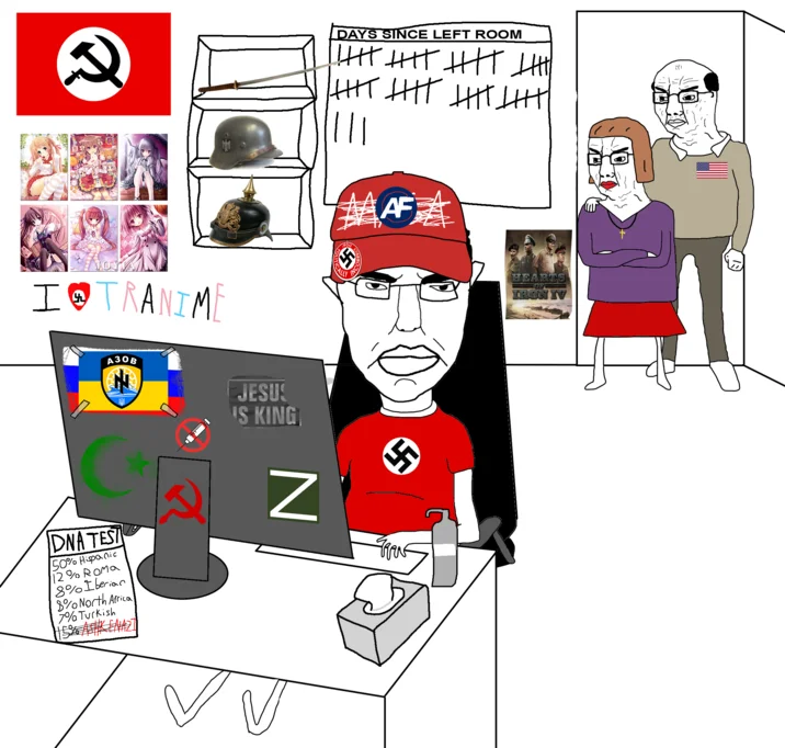 You Don't Understand I'm Only 29, 29 Is Young! — Politically charged Soyjak variant surrounded by extremist iconography, anime, and a days-since-left-room tally