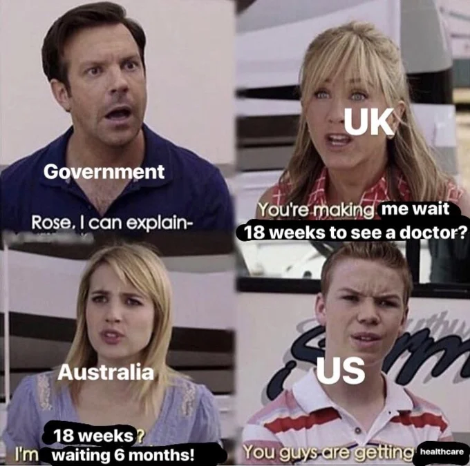 You Guys Are Getting Paid? — Four-panel meme comparing UK, Australia, and US healthcare wait times with the Government