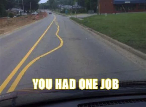 Street with a wavy, incorrectly painted yellow dividing line, captioned 'you had one job'.
