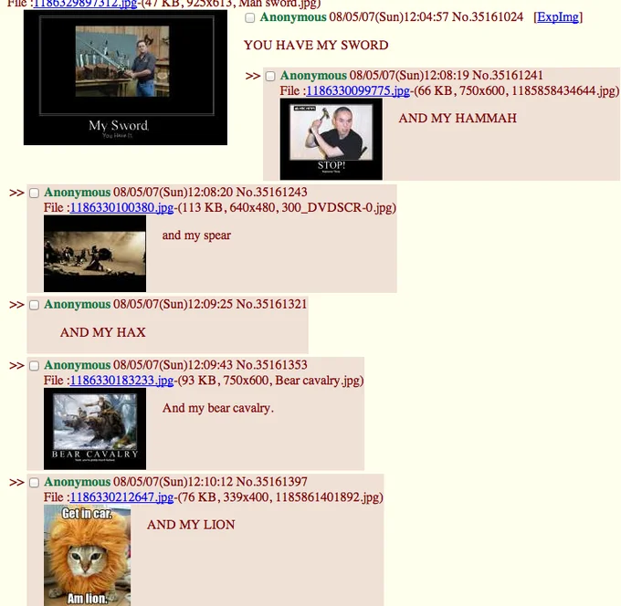 You Have My Sword And My Bow And My Axe — 4chan thread screenshot showing expandable snowclone format with sword, hammer, spear, hacks, cavalry variations.