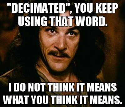 You Keep Using That Word I Do Not Think It Means What You Think It Means — Close-up of Inigo Montoya with impact font text about decimated word misuse.