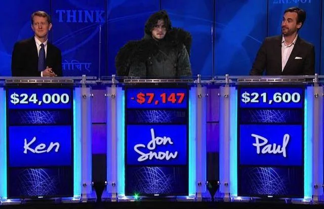 You Know Nothing Jon Snow — Jeopardy parody with Jon Snow costumed contestant showing negative score.