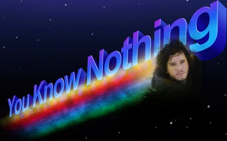 You Know Nothing Jon Snow — Kit Harington's Jon Snow against starry background with rainbow gradient 3D text.
