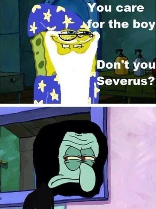 You Like Krabby Patties, Don't You Squidward? — SpongeBob dressed as Dumbledore grinning at Squidward as Snape with 'You care for the boy, Don't you Severus?'