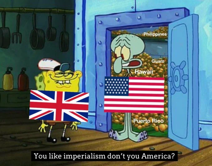 You Like Krabby Patties, Don't You Squidward? — SpongeBob holding a UK flag asking Squidward (labeled America) hiding with US flag and territory labels, 'You