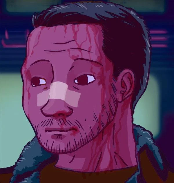 You Look Lonely — Cartoon illustration of Ryan Gosling as K with bandaged nose