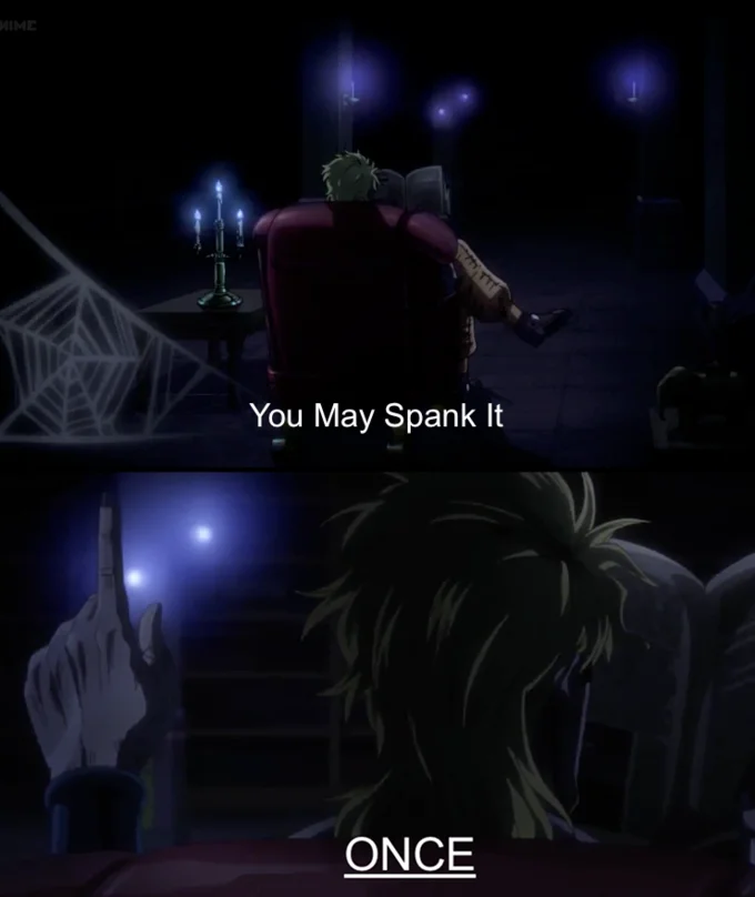 You May Spank It, Once — Dark anime scene with subtitle 'You May Spank It... Once'