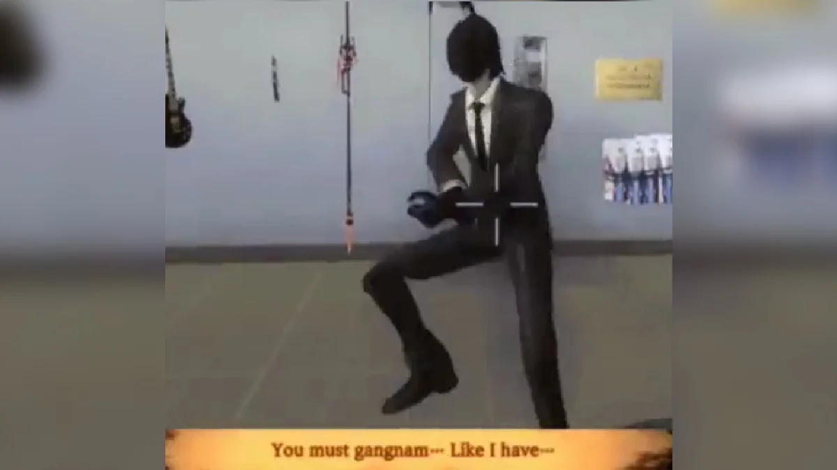 You Must Gangnam Like I Have — Suited 3D character doing Gangnam Style dance with caption 'You must gangnam... Like I have...'