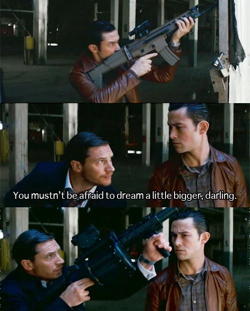 You Mustn't Be Afraid To Dream A Little Bigger Darling — Blank three-panel Inception meme template with Eames upgrading his weapon.