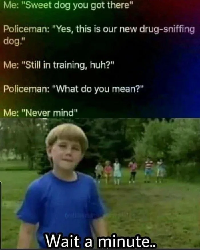 You On Kazoo — Drug-sniffing dog dialogue meme with Kazoo Kid 'Wait a minute' punchline