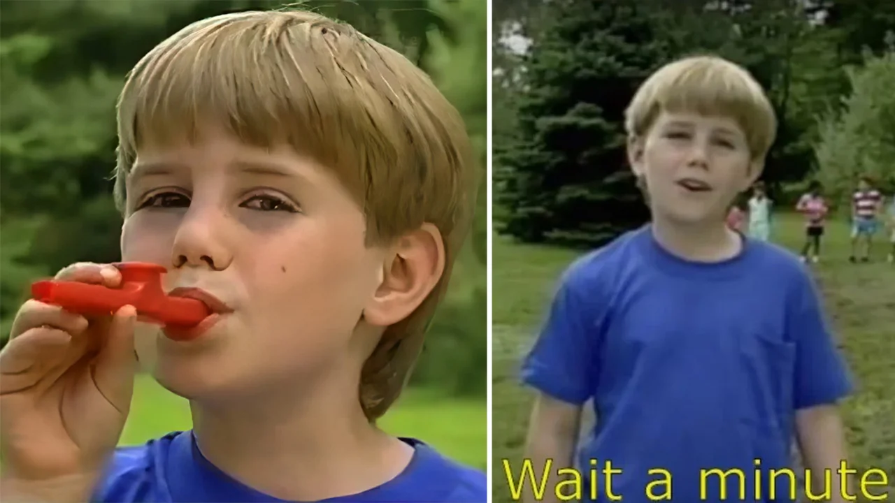 You On Kazoo — Two-panel banner of Kazoo Kid playing a red kazoo and standing outdoors with 'Wait a minute' caption