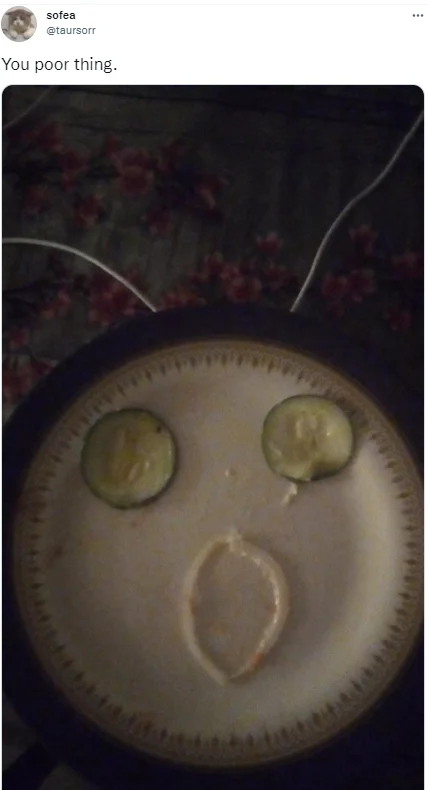 "You Poor Thing" Ghostface Thirst Trap — Tweet showing a plate with cucumber-slice eyes and open-mouth design resembling Ghostface.