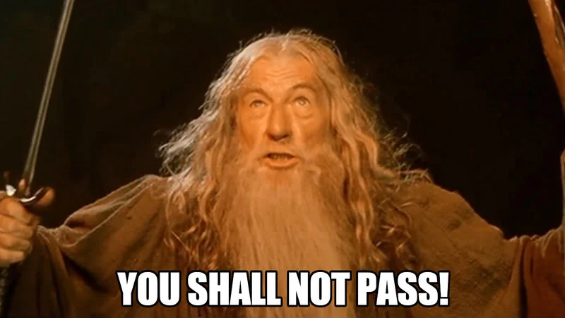 You Shall Not Pass — Gandalf in powerful defensive stance with arms spread and staff raised with impact font text.