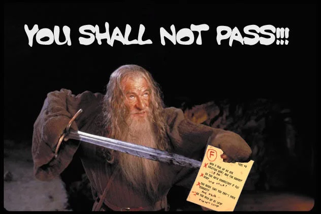 Gandalf wielding sword and staff against dark background with 'YOU SHALL NOT PASS!!!' text.
