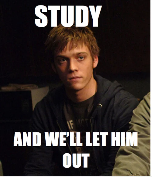 Vintage-styled man in tan suit pointing with purple text 'YOU SHOULD BE STUDYING'.
