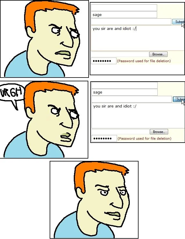 You, Sir, are and Idiot — Rage comic panels showing an orange-haired man grimacing at a forum post typo 'you sir are and idiot :/'.