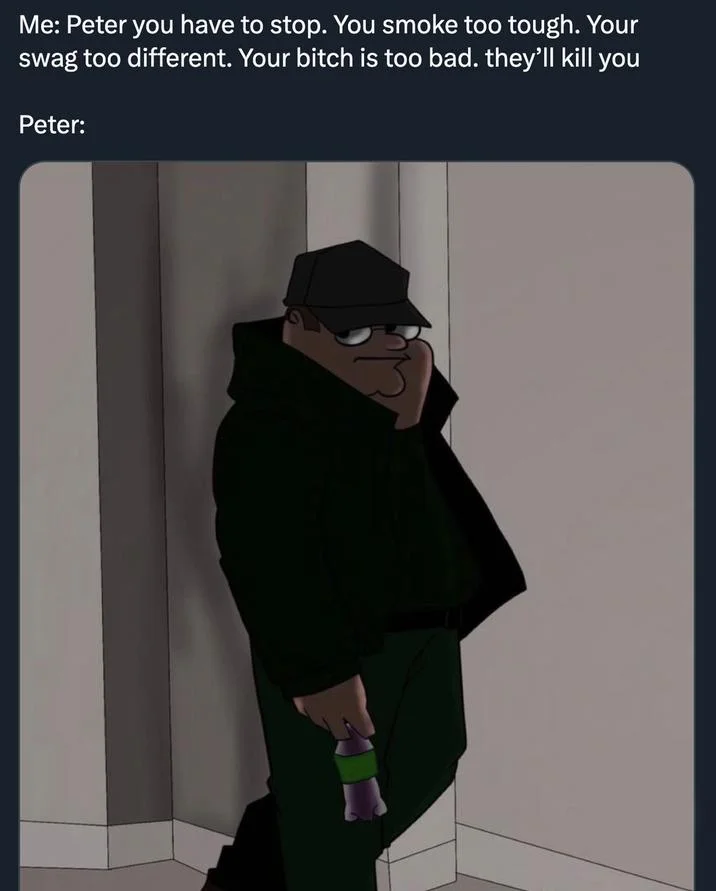 You Smoke Too Tough. Your Swag Too Different. Your Bitch Is Too Bad. They'll Kil... — Tweet addressing Peter Griffin with the catchphrase above fan art of