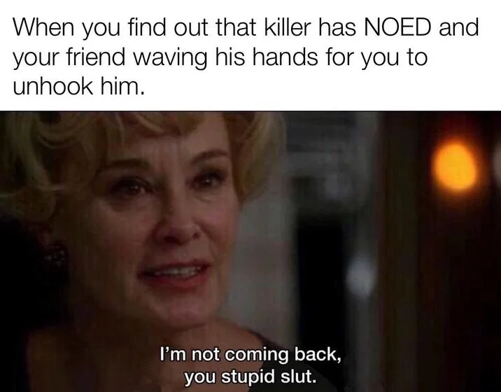 You Stupid Slut — Dead by Daylight meme about NOED with edited AHS screenshot below.