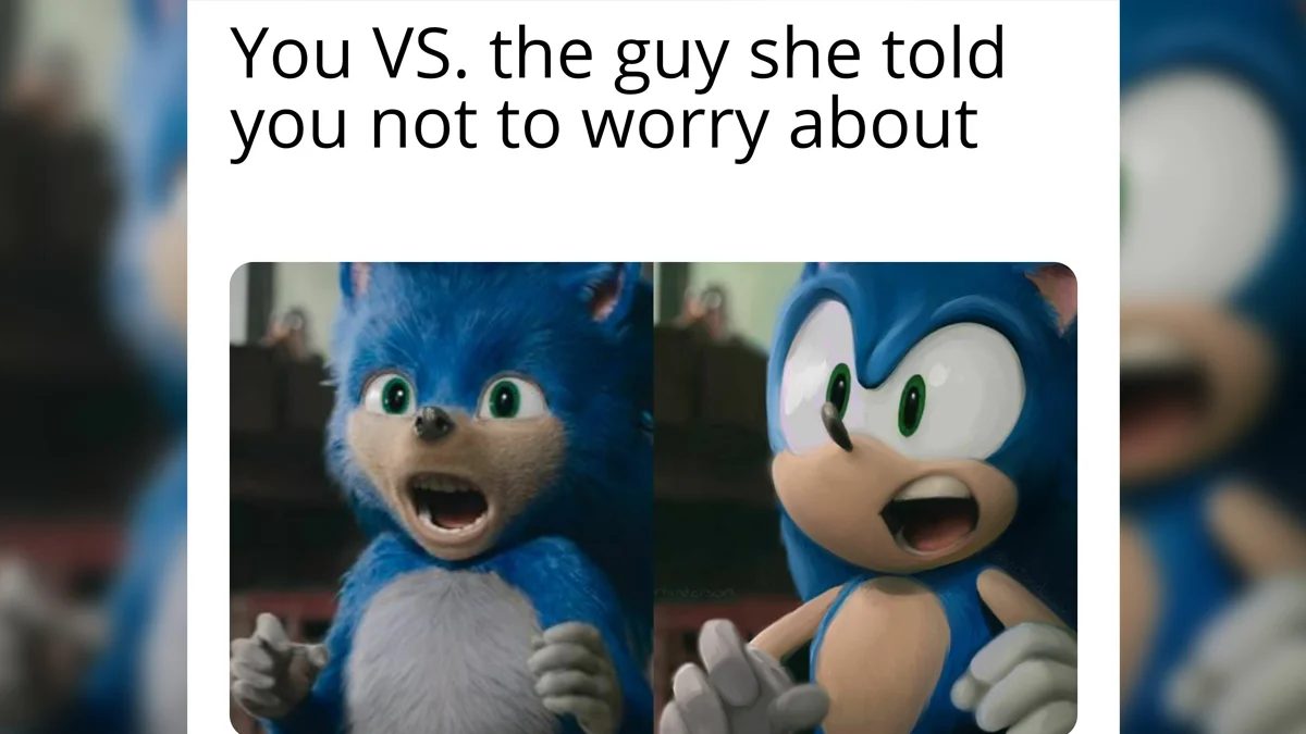 Sonic movie redesign meme: original awkward design vs improved Sonic with canonical 'You vs the Guy' text