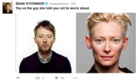 Twitter screenshot: side-by-side male portrait comparison in 'You vs the Guy' meme format