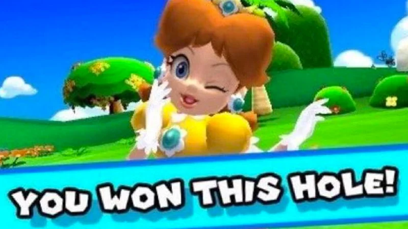 Baby Daisy from Mario Golf winking with the caption 'You Won This Hole!' at the bottom.