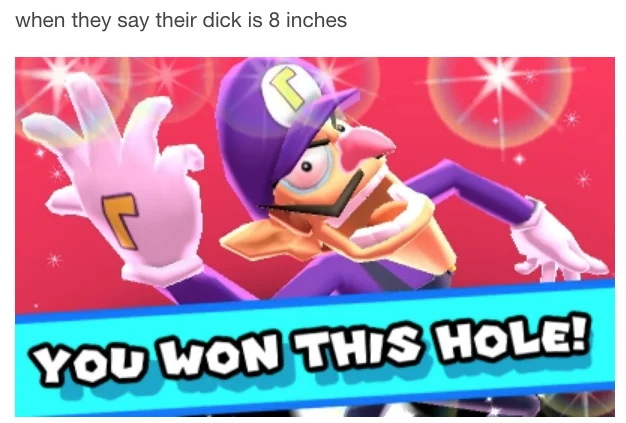 Waluigi assist trophy image with 'You Won This Hole!' banner and a crude height joke caption.