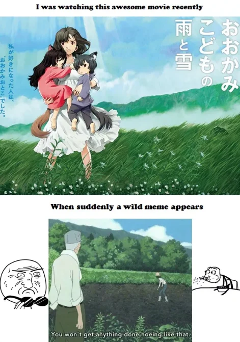 You Wont Get Anything Done Hoeing Like That — A creative collage meme featuring the Wolf Children film poster and iconic meme scene with reaction images.