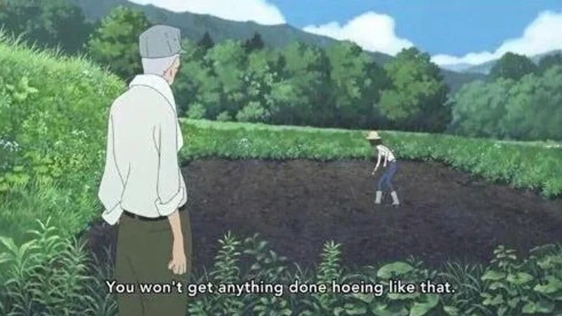 You Wont Get Anything Done Hoeing Like That — The quintessential You Won't Get Anything Done Hoeing Like That meme from Wolf Children, showing a disapproving