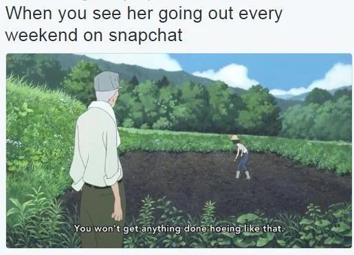 You Wont Get Anything Done Hoeing Like That — A reaction meme from Wolf Children with a caption about Snapchat social media habits and lifestyle sharing.