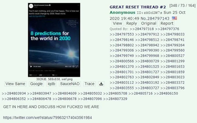 Youll Own Nothing And Be Happy — 4chan Great Reset Thread #2 screenshot referencing WEF 2030 predictions video
